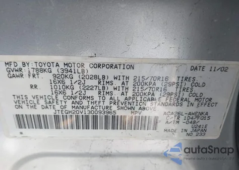 2003 Toyota Rav4 from USA, damaged, VIN JTEGH20V130093965